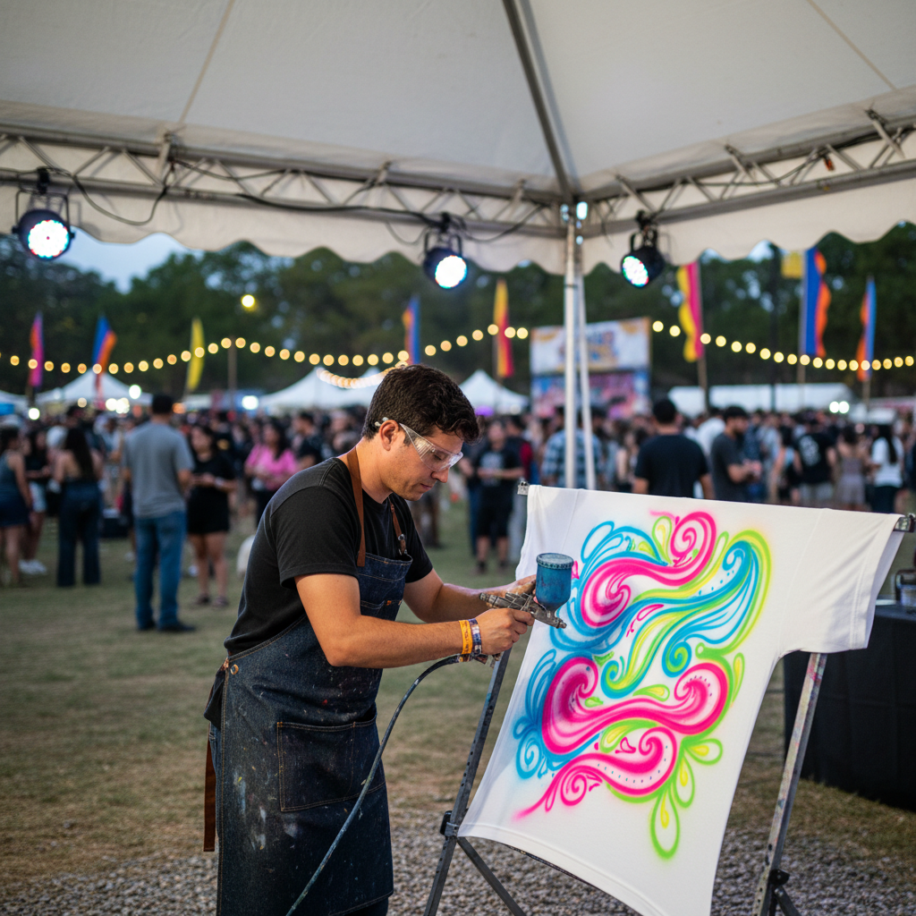 Airbrush artist painting a colorful design on a t-shirt at a live event